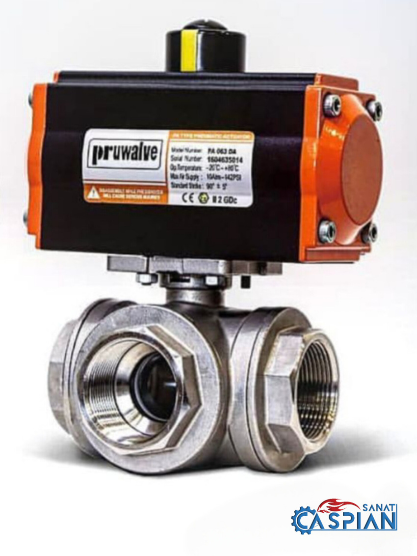 شیر گازی استیل سه راهه با اکچیتور پنوماتیک پرووالوpruwalve